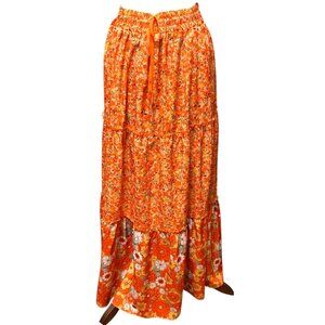 Vintage-Inspired Floral Tiered Maxi Skirt Orange Elastic Waist XL